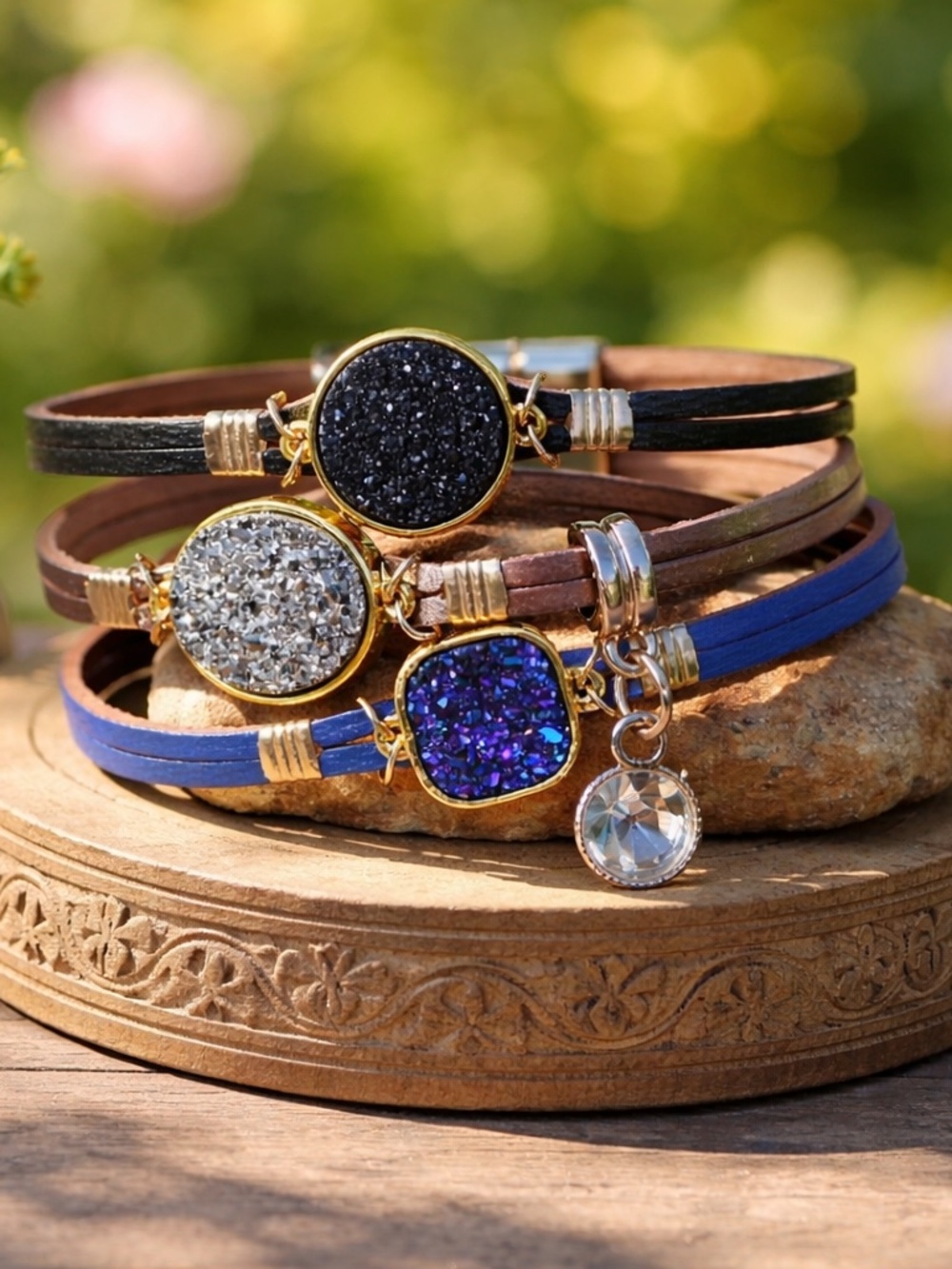 Metallic Faux Leather Druzy Bracelet  | Crystal Drop | Magnetic Clasp | Handmade